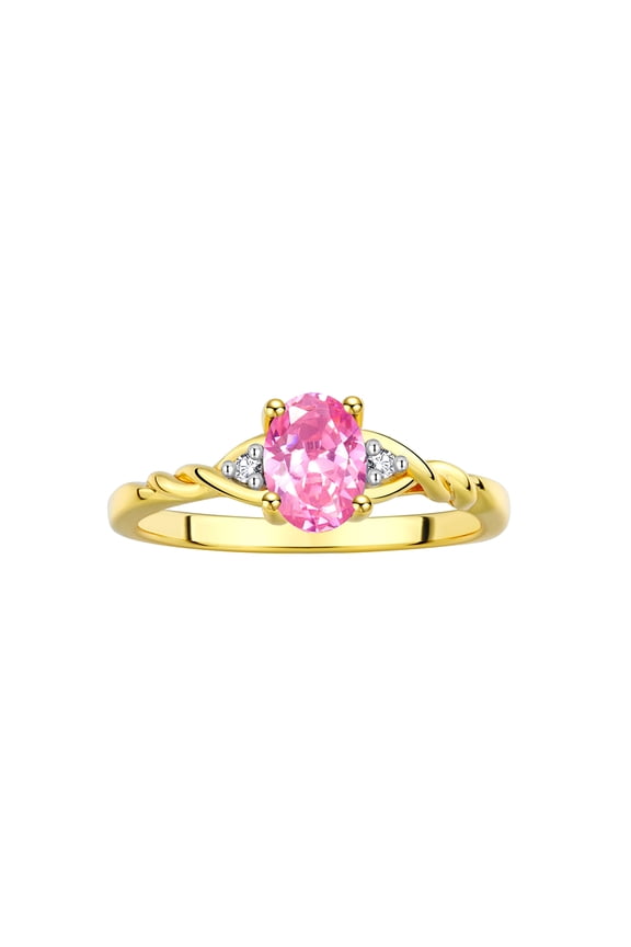 Rings for Women 14K Gold Plated Silver Classic Style Birthstone Ring 7X5MM Oval Gemstone & Diamonds October Pink Ice Jewelry for Women Size 8