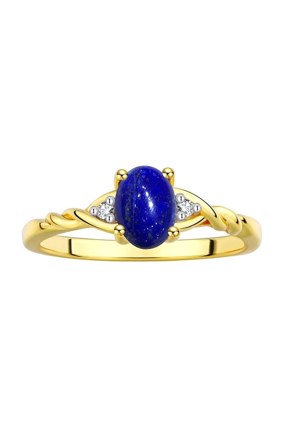 Rings for Women 14K Gold Plated Silver Classic Style Birthstone Ring 7X5MM Oval Gemstone & Diamonds September Lapis Jewelry for Women Size 9