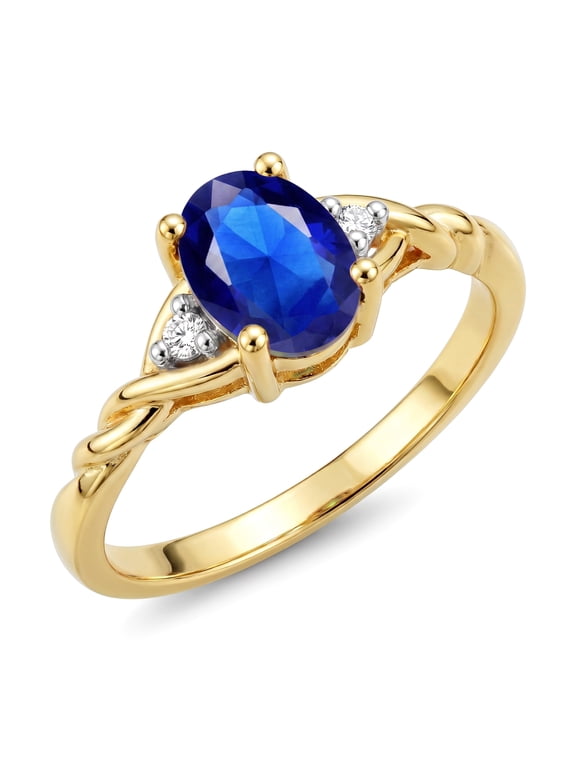 Rings for Women 14K Gold Plated Silver Classic Style Birthstone Ring 7X5MM Oval Gemstone & Diamonds September Sapphire Jewelry for Women Size 5