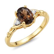 RYLOS Rings for Women 14K Gold Plated Silver Classic Style Birthstone Ring 7X5MM Oval Gemstone & Diamonds Smoky Quartz Jewelry for Women Size 5