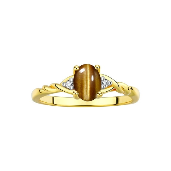 RYLOS Rings for Women 14K Gold Plated Silver Classic Style Birthstone Ring 7X5MM Oval Gemstone & Diamonds Tiger Eye Jewelry for Women Size 5