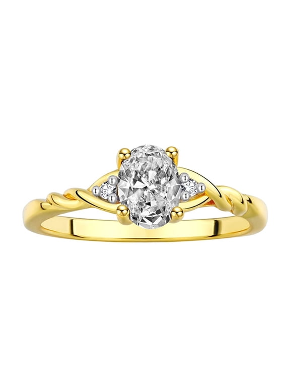 Rings for Women 14K Gold Plated Silver Classic Style Birthstone Ring 7X5MM Oval Gemstone & Diamonds White Topaz Jewelry for Women Size 6