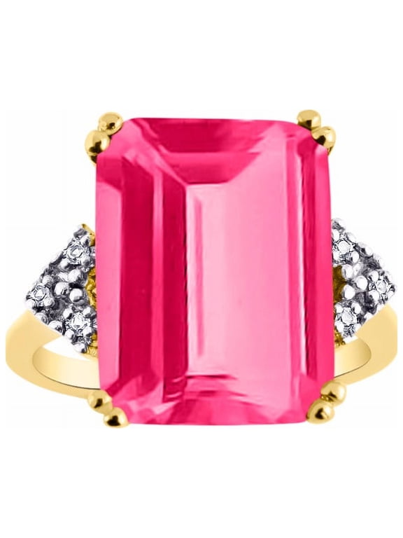 Rings for Women 14K Gold Plated Silver Emerald Cut Gemstone & Diamond Ring October Pink Tourmaline Jewelry Size 8