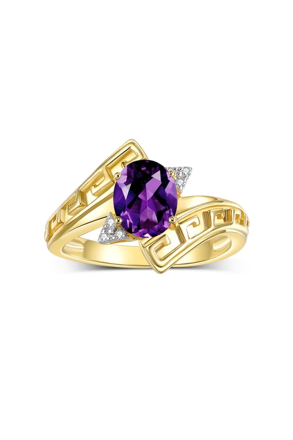 Rings for Women 14K Gold Plated Silver Greek Key Designer Ring 9X7MM Gemstone & Diamond Ring February Amethyst Jewelry Size 10