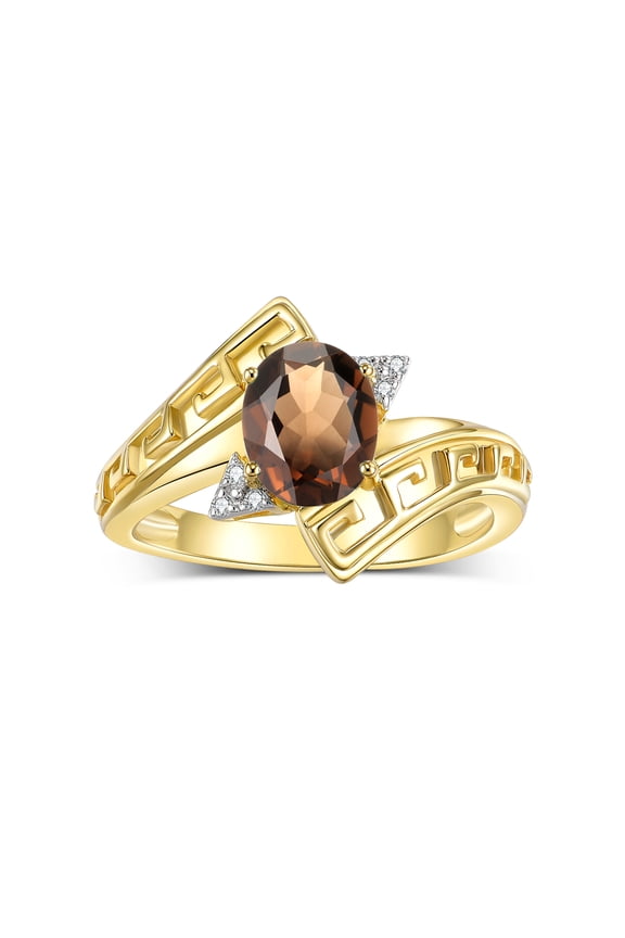 Rings for Women 14K Yellow Gold Greek Key Designer Ring 9X7MM Gemstone & Diamond Ring June Smoky Quartz Jewelry  Size 10