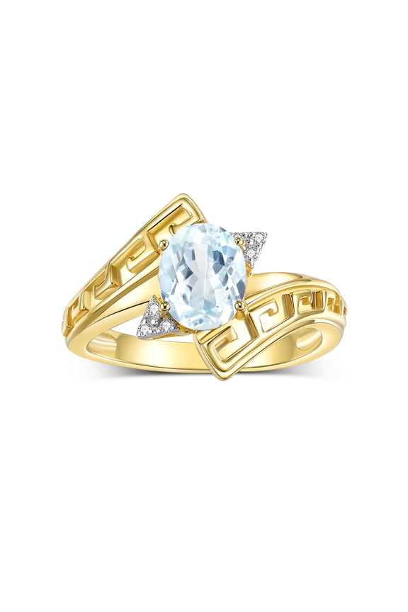 Rings for Women 14K Yellow Gold Greek Key Designer Ring 9X7MM Gemstone & Diamond Ring March Aquamarine Jewelry Size 8