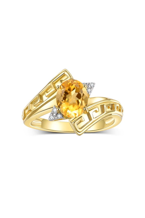Rings for Women 14K Gold Plated Silver Greek Key Designer Ring 9X7MM Gemstone & Diamond Ring November Citrine Jewelry Size 5