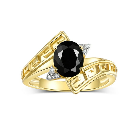 RYLOS Rings for Women 14K Gold Plated Silver Greek Key Designer Ring 9X7MM Gemstone & Diamond Ring October Onyx Jewelry Size 9