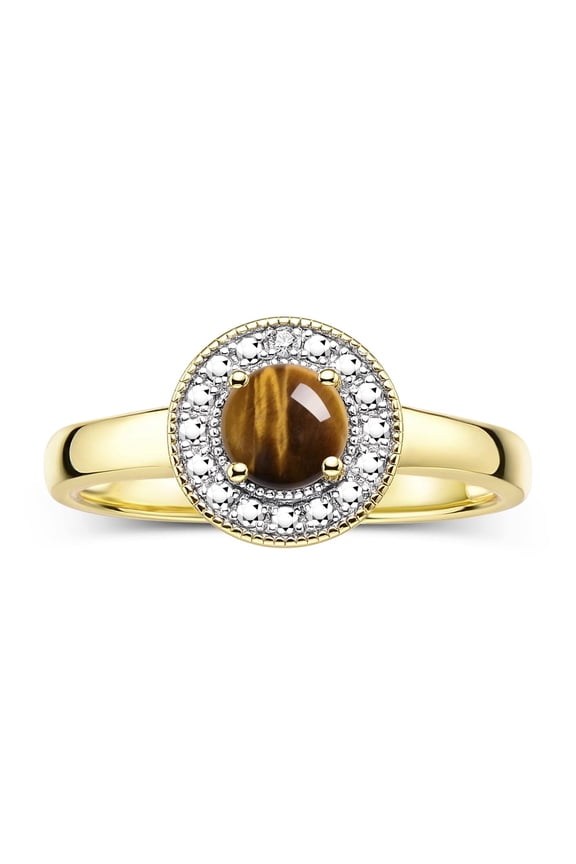 Rings for Women 14K Gold Plated Silver Halo Birthstone Ring with Round 4MM Gemstone &  Diamonds November Tiger Eye Jewelry Size 8