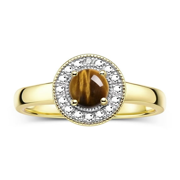 RYLOS Rings for Women 14K Gold Plated Silver Halo Birthstone Ring with Round 4MM Gemstone & Diamonds November Tiger Eye Jewelry Size 9