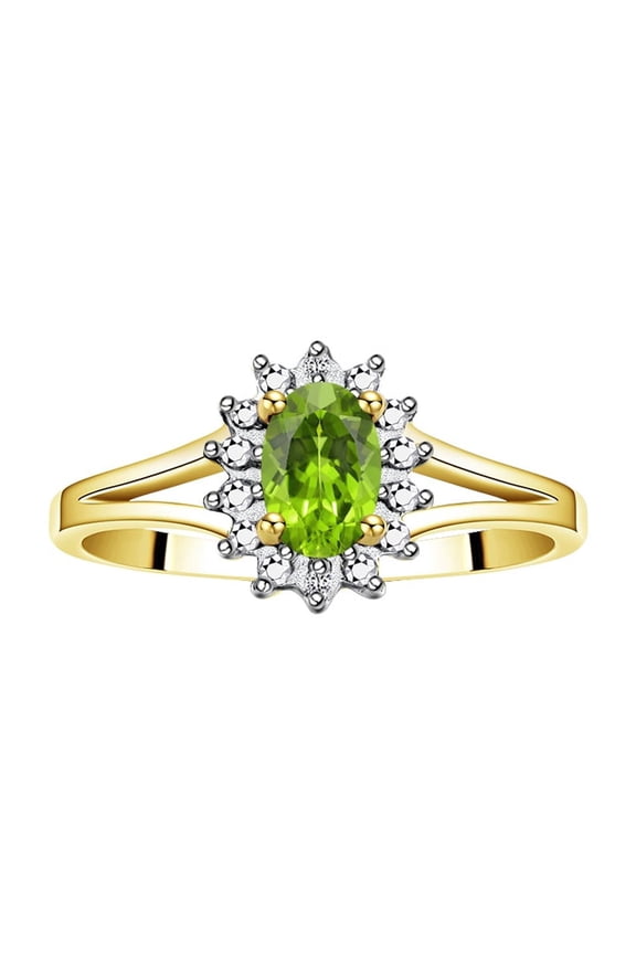 Rings for Women 14K Gold Plated Silver Halo of Diamond Birthstone Ring 6X4MM Gemstone August Peridot Jewelry for Women Size 5