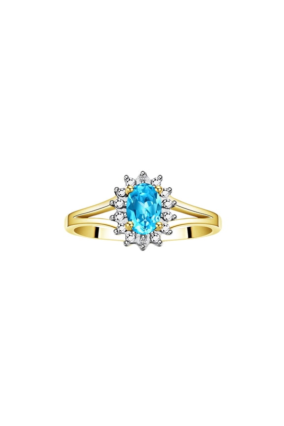 Rings for Women 14K Gold Plated Silver Halo of Diamond Birthstone Ring 6X4MM Gemstone Blue Topaz Jewelry for Women Size 7