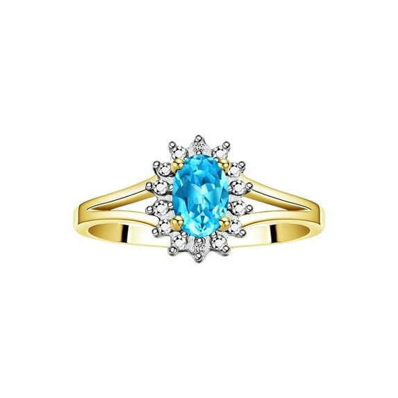 RYLOS Rings for Women 14K Gold Plated Silver Halo of Diamond Birthstone Ring 6X4MM Gemstone Blue Topaz Jewelry for Women Size 9
