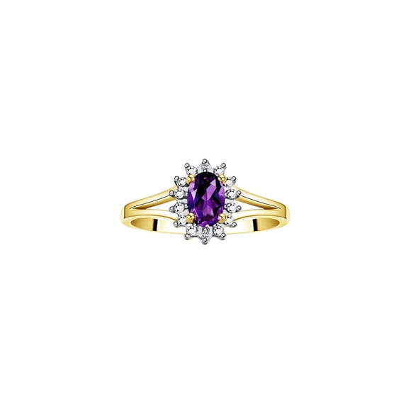 RYLOS Rings for Women 14K Gold Plated Silver Halo of Diamond Birthstone Ring 6X4MM Gemstone February Amethyst Jewelry for Women Size 5