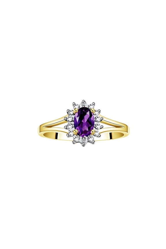 Rings for Women 14K Gold Plated Silver Halo of Diamond Birthstone Ring 6X4MM Gemstone February Amethyst Jewelry for Women Size 6