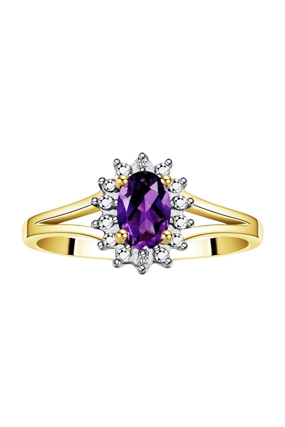 Rings for Women 14K Gold Plated Silver Halo of Diamond Birthstone Ring 6X4MM Gemstone February Amethyst Jewelry for Women  Size 6