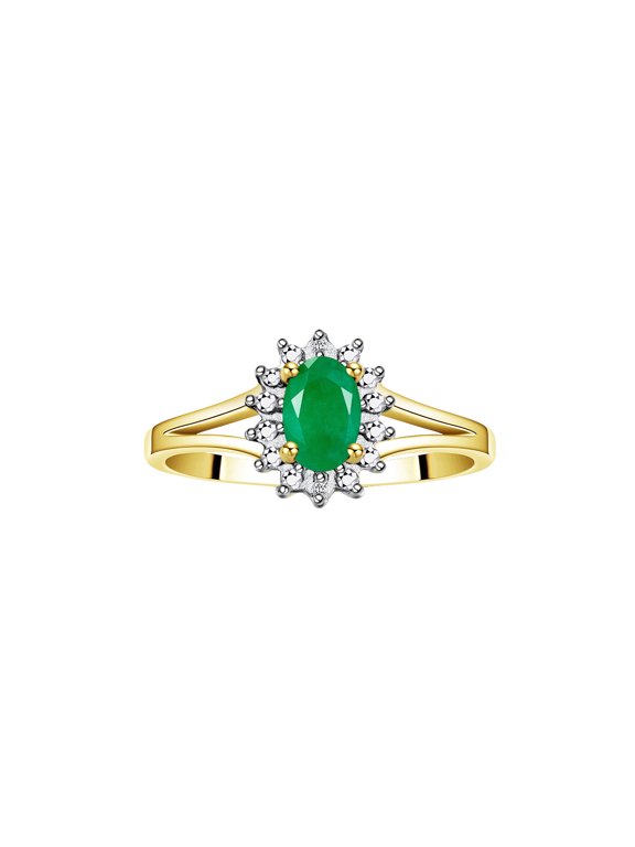 Rings for Women 14K Gold Plated Silver Halo of Diamond Birthstone Ring 6X4MM Gemstone May Emerald Jewelry for Women Size 5