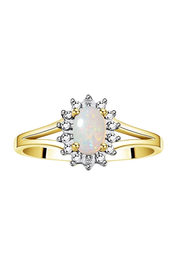 Rings for Women 14K Gold Plated Silver Halo of Diamond Birthstone Ring 6X4MM Gemstone October Opal Jewelry for Women Size 10