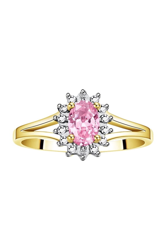 Rings for Women 14K Gold Plated Silver Halo of Diamond Birthstone Ring 6X4MM Gemstone October Pink Ice Jewelry for Women Size 8