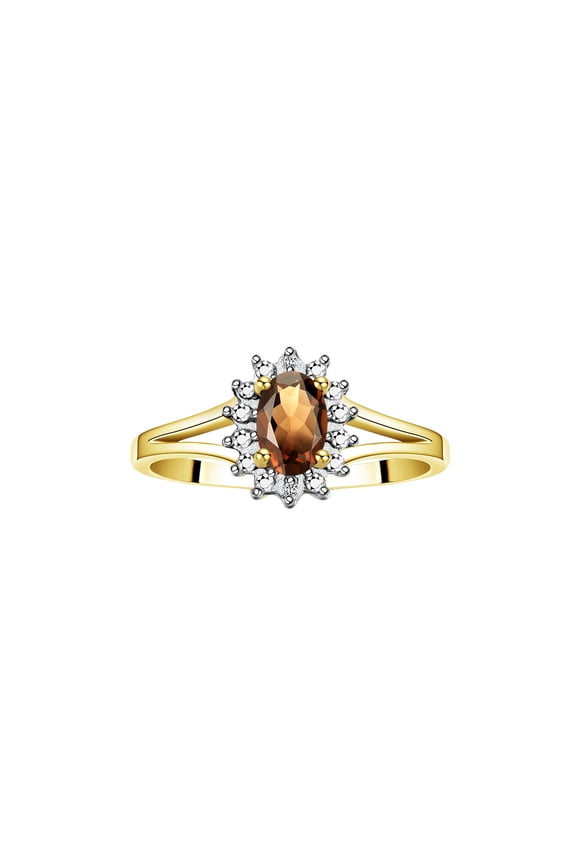 Rings for Women 14K Gold Plated Silver Halo of Diamond Birthstone Ring 6X4MM Gemstone Smoky Quartz Jewelry for Women Size 9