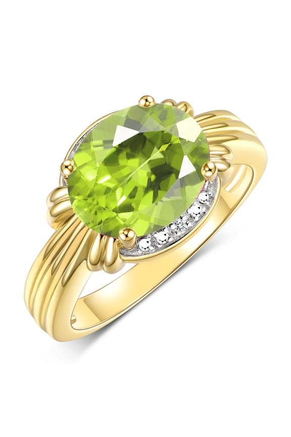 Rings for Women 14K Gold Plated Silver Ring 12X10MM Gemstone & Diamonds Great Ring for Middle or Pointer Finger August Peridot Jewelry Size 11
