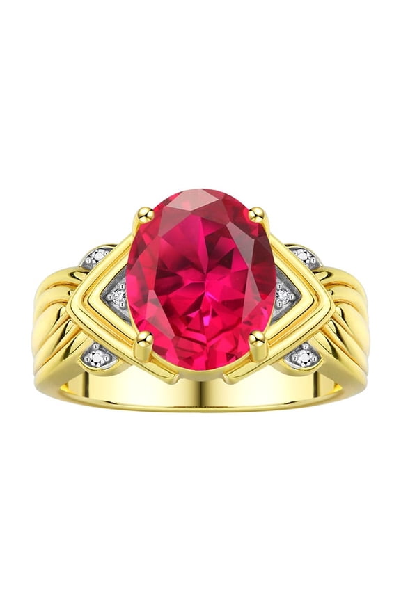 Rings for Women 14K Gold Plated Silver Ring 12X10MM Gemstone & Diamonds Great Ring for Middle or Pointer Finger July Ruby Jewelry Size 10.5