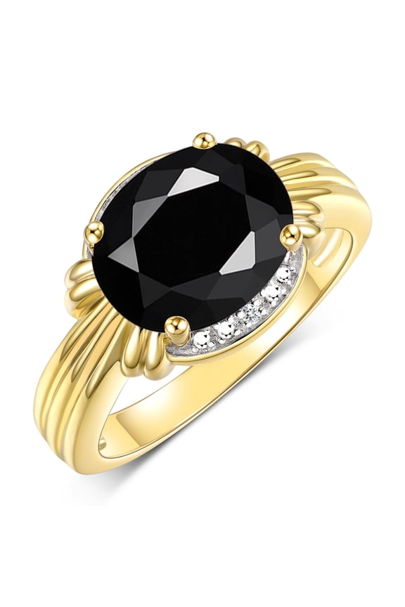 Rings for Women 14K Gold Plated Silver Ring 12X10MM Gemstone &  Diamonds Great Ring for Middle or Pointer Finger October Onyx Jewelry Size 7