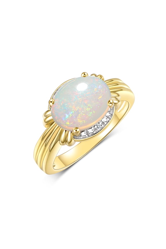 Rings for Women 14K Gold Plated Silver Ring 12X10MM Gemstone & Diamonds Great Ring for Middle or Pointer Finger October Opal Jewelry Size 11.5