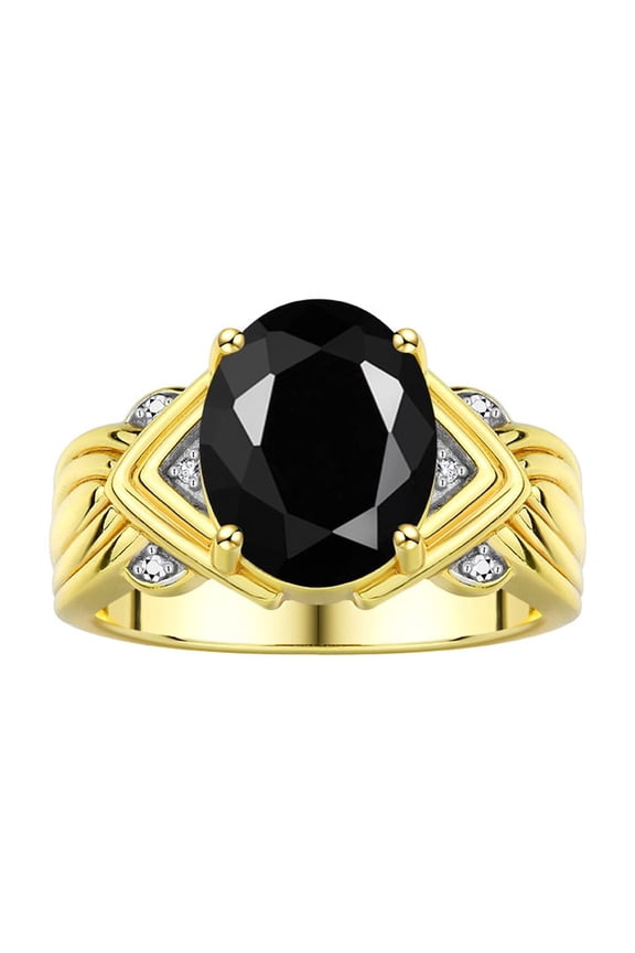 Rings for Women 14K Gold Plated Silver Ring 12X10MM Gemstone &  Diamonds Great Ring for Middle or Pointer Finger Onyx Jewelry  Size 9