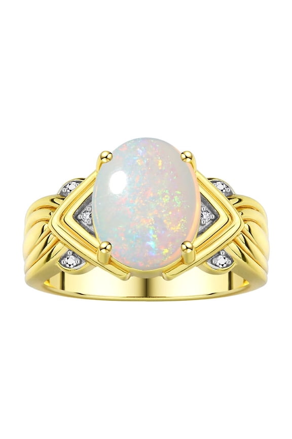 Rings for Women 14K Gold Plated Silver Ring 12X10MM Gemstone & Diamonds Great Ring for Middle or Pointer Finger Opal Jewelry Size 9