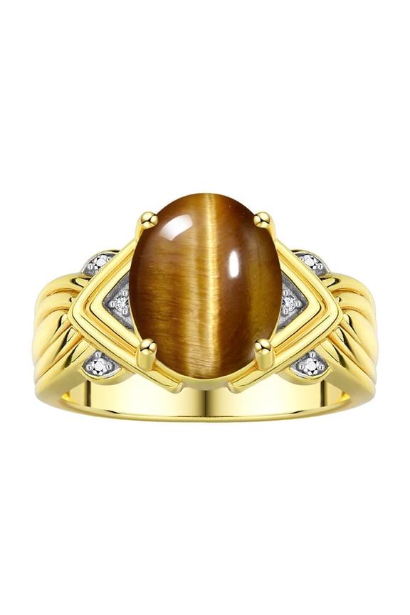 Rings for Women 14K Gold Plated Silver Ring 12X10MM Gemstone & Diamonds Great Ring for Middle or Pointer Finger Tiger Eye Jewelry Size 13
