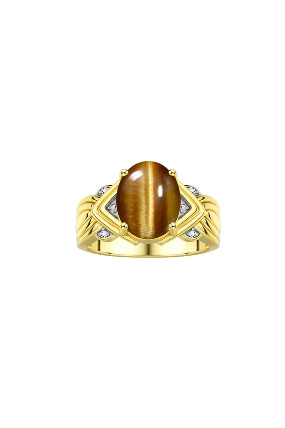 Rings for Women 14K Gold Plated Silver Ring 12X10MM Gemstone &  Diamonds Great Ring for Middle or Pointer Finger Tiger Eye Jewelry  Size 7
