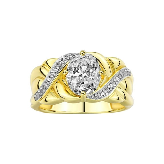 RYLOS Rings for Women 14K Gold Plated Silver Ring Classic 9X7MM Oval Gemstone & Diamonds April White Topaz Jewelry Size 11.5