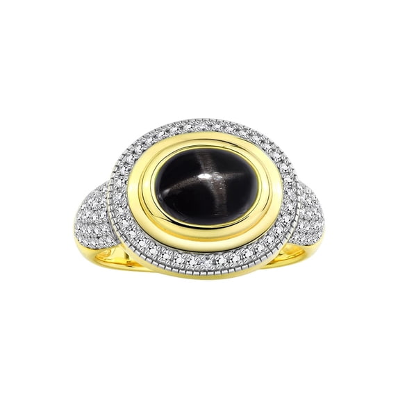 RYLOS Rings for Women 14K Gold Plated Silver Ring Classic 9X7MM Oval Gemstone & Diamonds Black Star Sapphire Jewelry Size 12
