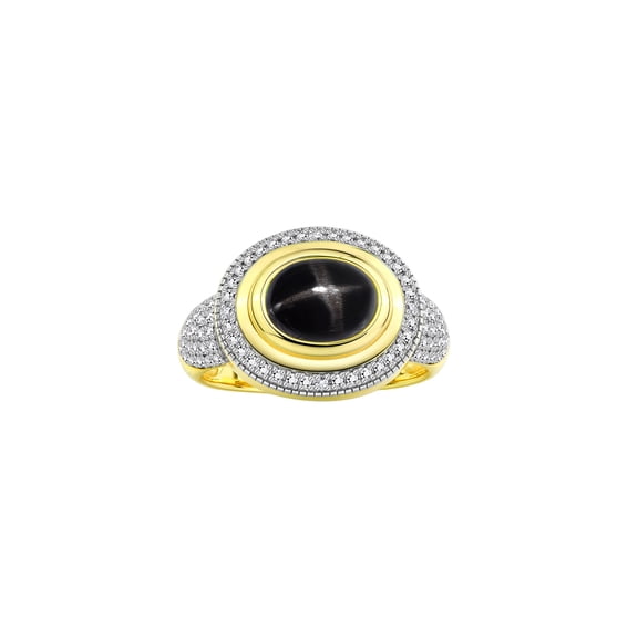 RYLOS Rings for Women 14K Gold Plated Silver Ring Classic 9X7MM Oval Gemstone & Diamonds Black Star Sapphire Jewelry Size 9.5