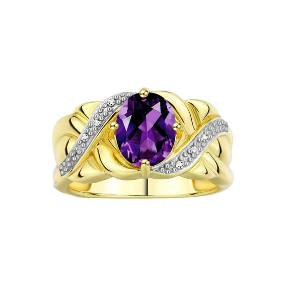 RYLOS Rings for Women 14K Gold Plated Silver Ring Classic 9X7MM Oval Gemstone & Diamonds February Amethyst Jewelry Size 5