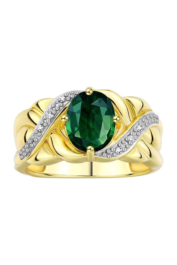 Rings for Women 14K Gold Plated Silver Ring Classic 9X7MM Oval Gemstone & Diamonds Green Sapphire Jewelry Size 10