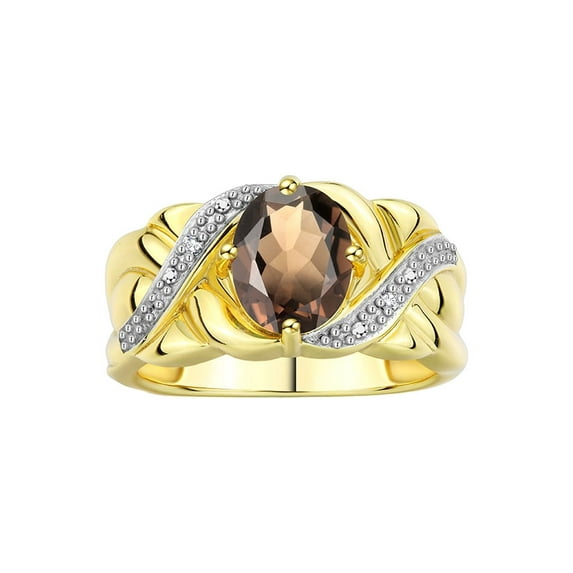 RYLOS Rings for Women 14K Gold Plated Silver Ring Classic 9X7MM Oval Gemstone & Diamonds June Smoky Quartz Jewelry Size 10.5