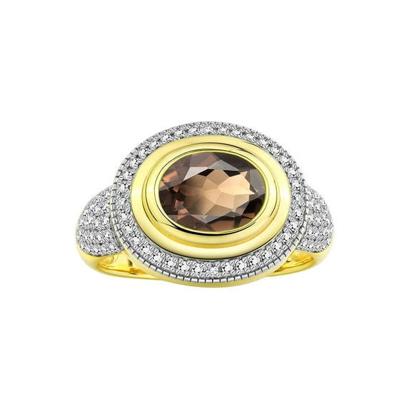 RYLOS Rings for Women 14K Gold Plated Silver Ring Classic 9X7MM Oval Gemstone & Diamonds June Smoky Quartz Jewelry Size 10