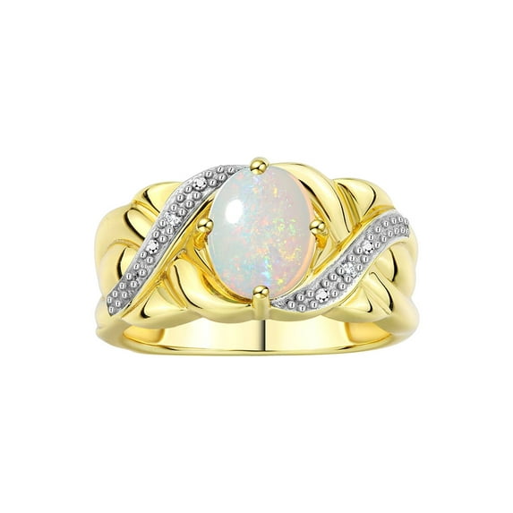 RYLOS Rings for Women 14K Gold Plated Silver Ring Classic 9X7MM Oval Gemstone & Diamonds October Opal Jewelry Size 10.5
