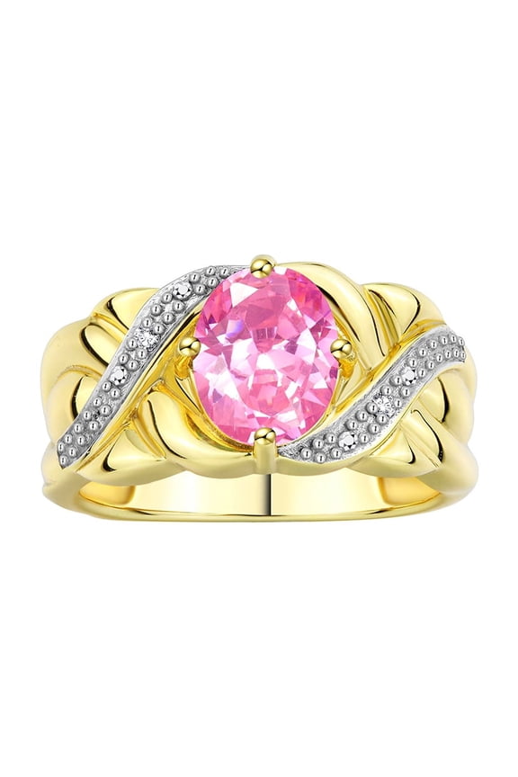 Rings for Women 14K Gold Plated Silver Ring Classic 9X7MM Oval Gemstone & Diamonds October Pink Ice Jewelry Size 6