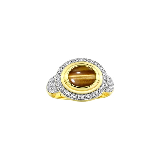 RYLOS Rings for Women 14K Gold Plated Silver Ring Classic 9X7MM Oval Gemstone & Diamonds Tiger Eye Jewelry Size 7