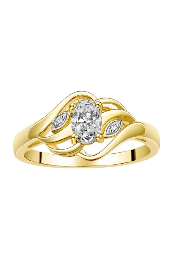 Rings for Women 14K Gold Plated Silver Ring Classic Style Birthstone Ring 6X4MM Gemstone & Diamonds April White Topaz Jewelry for Women Size 10