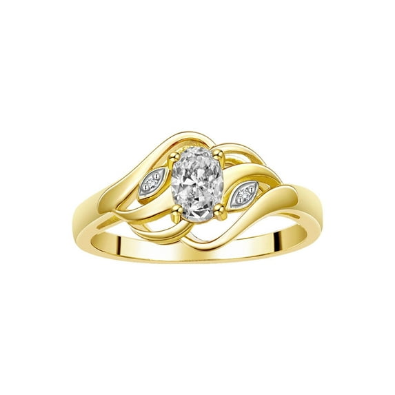 RYLOS Rings for Women 14K Gold Plated Silver Ring Classic Style Birthstone Ring 6X4MM Gemstone & Diamonds April White Topaz Jewelry for Women Size 10