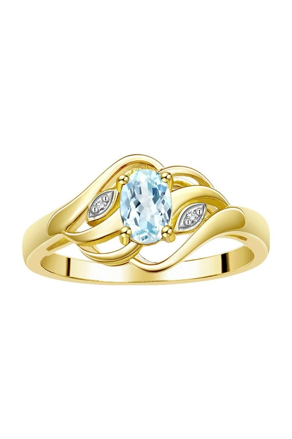 Rings for Women 14K Gold Plated Silver Ring Classic Style Birthstone Ring 6X4MM Gemstone &  Diamonds Aquamarine Jewelry for Women Size 5
