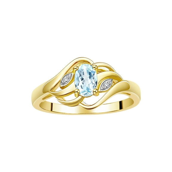 RYLOS Rings for Women 14K Gold Plated Silver Ring Classic Style Birthstone Ring 6X4MM Gemstone & Diamonds Aquamarine Jewelry for Women Size 5