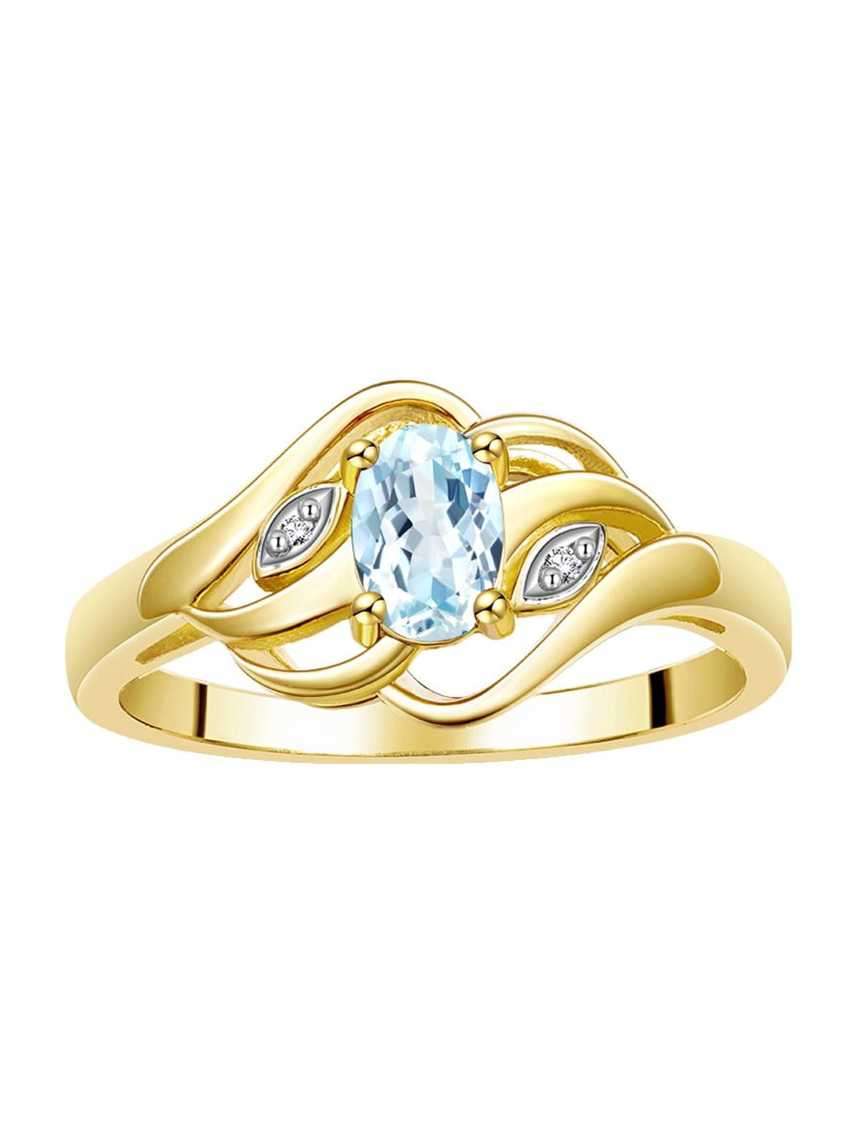 RYLOS Rings for Women 14K Gold Plated Silver Ring Classic Style Birthstone Ring 6X4MM Gemstone &  Diamonds Aquamarine Jewelry for Women Size 9