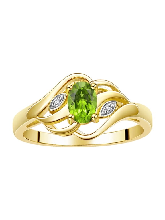 Classic Oval Design Birthstone & Lab-Grown Diamond Ring for Women, Peridot, Yellow Gold Plated Silver, Size 5