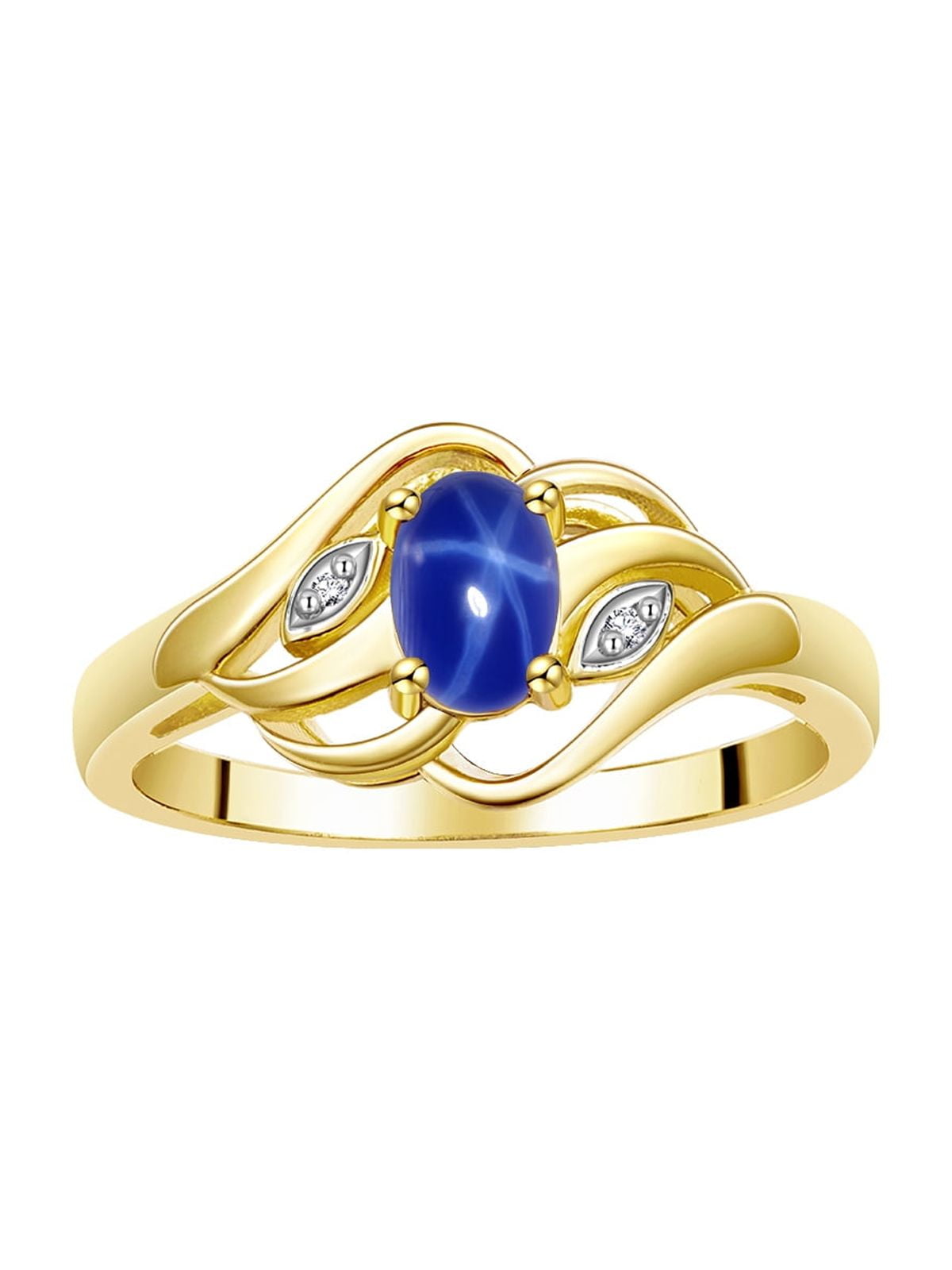 RYLOS Rings for Women 14K Gold Plated Silver Ring Classic Style Birthstone Ring 6X4MM Gemstone & Diamonds Blue Star Sapphire Jewelry for Women Size 7