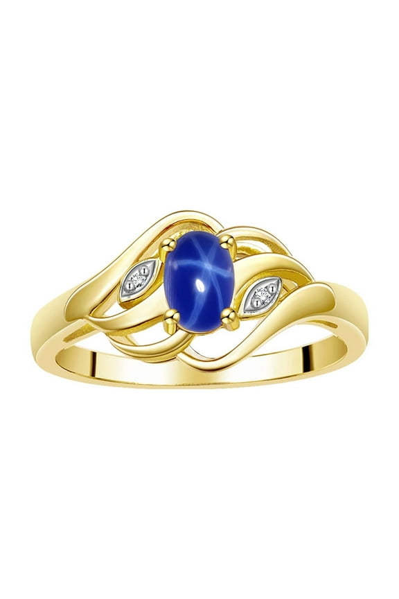 Rings for Women 14K Gold Plated Silver Ring Classic Style Birthstone Ring 6X4MM Gemstone & Diamonds Blue Star Sapphire Jewelry for Women Size 7